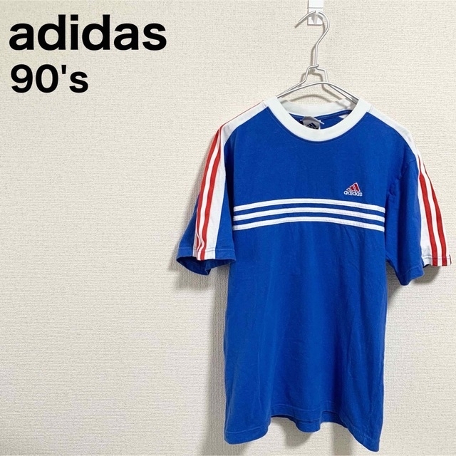 adidas(アディダス)の90s adidas Tシャツ メンズL 日本製 万国旗タグ 青 赤 白  メンズのトップス(Tシャツ/カットソー(半袖/袖なし))の商品写真