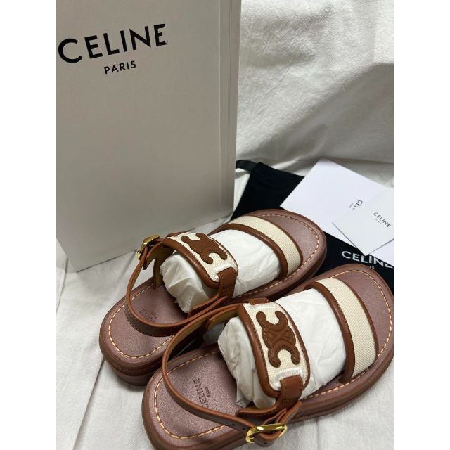 セリーヌCELINE☆新品未使用クレア トリオンフ レザーキャンバスサンダル-