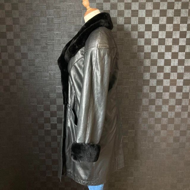 【希少】　デザイナーズ　本革　フェイクファー高級ロングジャケットコート　ブラック
