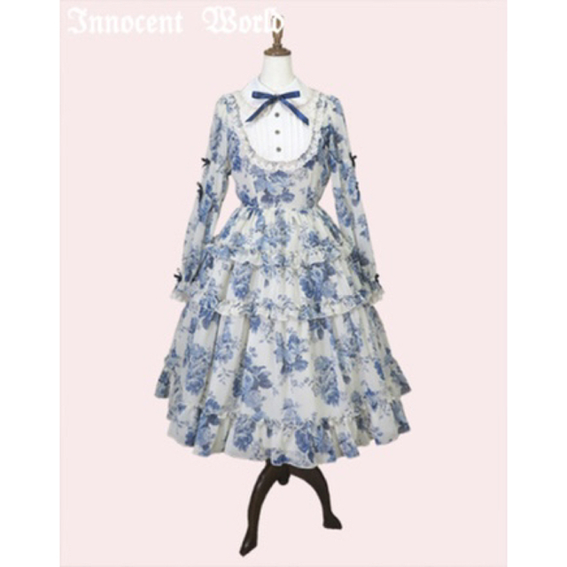 2022新作モデル Innocent ブルー×ネイビー ローズシフォン丸衿ドレス