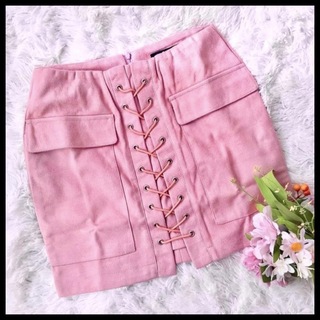 ピンク 編み上げ レースアップ ミニ スカート ポケット スエード(ミニスカート)