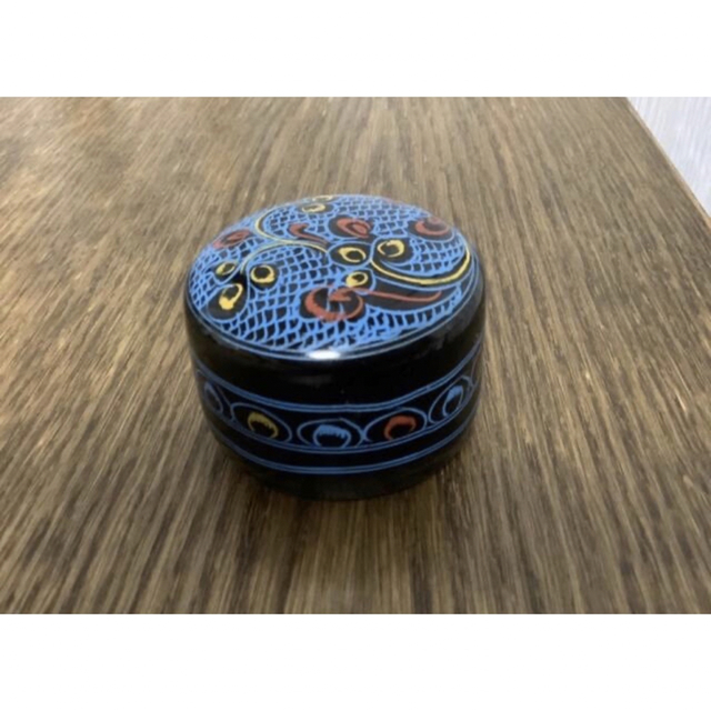 ミャンマー 工芸品 漆の小物入れ 円形 ブルー 青系 アクセサリーケース