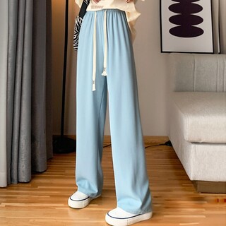 ♬らくらくセミワイドパンツ ライトブルー■ハイウエスト 韓国6色ファッション(カジュアルパンツ)