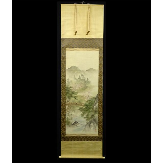 【真作】掛軸 草野龍雲(常正)『春景山水図』絹本 肉筆 掛け軸 w050810