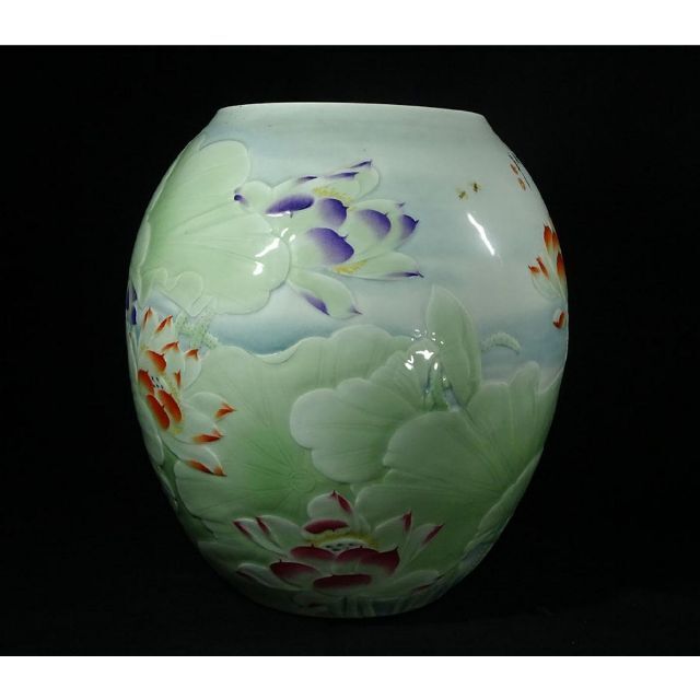 中国古玩 色絵粉彩 蓮 漢詩紋大花瓶 高約44cm 箱付 景徳鎮製 唐物 時代物