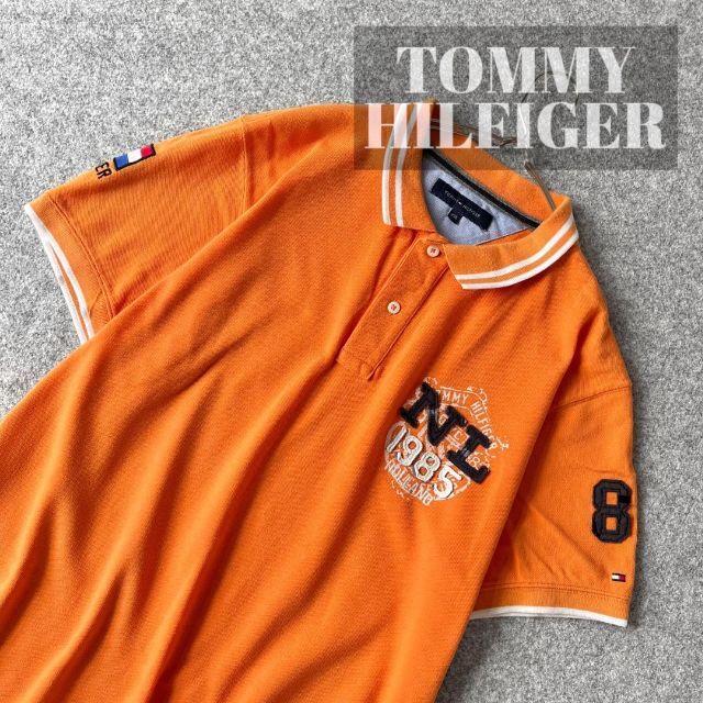 【トミーヒルフィガー】ワッペン ロゴ 鹿の子 ルーズ 半袖 ポロシャツ オレンジ