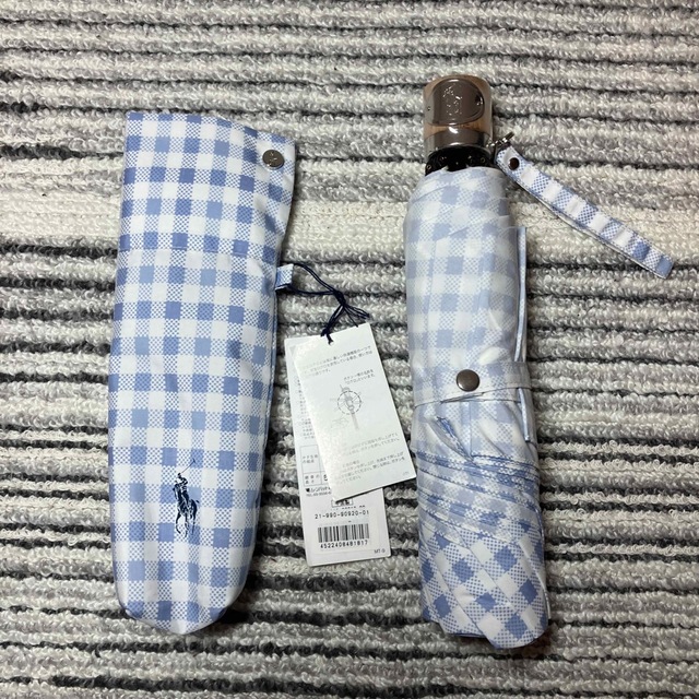 POLO RALPH LAUREN(ポロラルフローレン)の【新品】ポロラルフローレン ギンガムチェック 折り畳み傘 ライトブルー 55cm レディースのファッション小物(傘)の商品写真