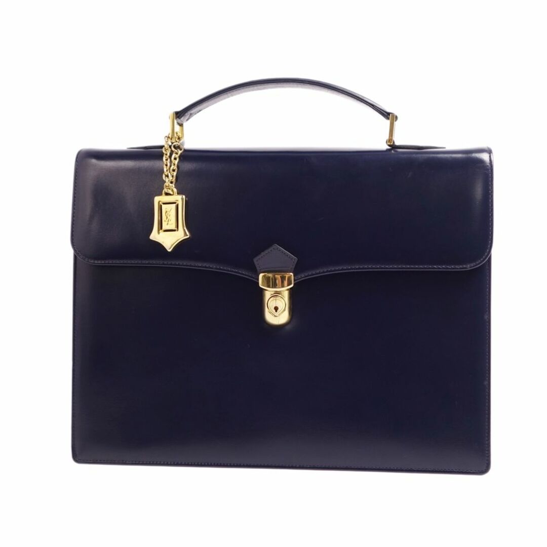 美品 Vintage イヴサンローラン Yves Saint Laurent バッグ ブリーフケース ビジネスバッグ カーフレザー 本革 カバン 鞄 メンズ ネイビー