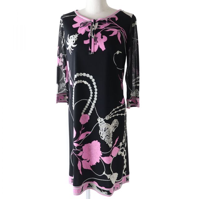 92cm肩幅極美◎正規品 日本製 LEONARD FASHION レオナール ファッション 0160226 フロントリボン付 袖シースルー ワンピース 黒×ピンク 花柄 36