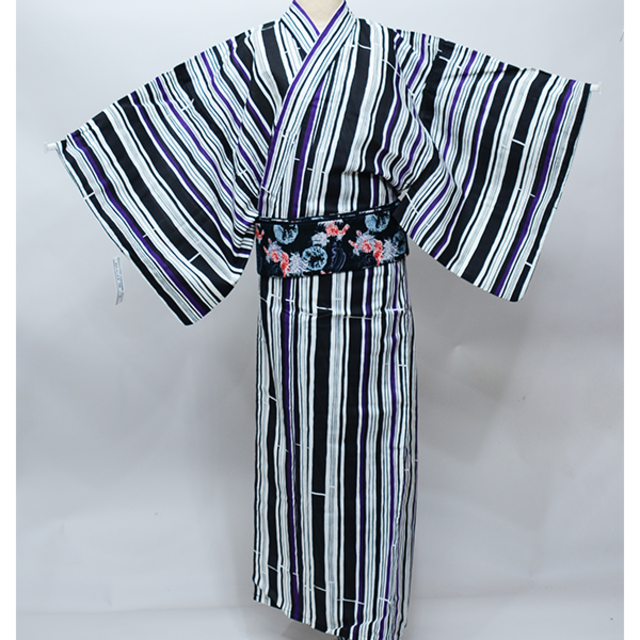 浴衣 男性用 単品 白×黒×紫 縞 Lサイズ 綿100％ ゆかた NO38886 メンズの水着/浴衣(浴衣)の商品写真