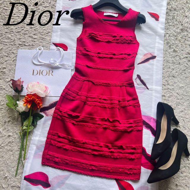 【美品】Christian Dior サマーニットワンピース ピンク フリル素材レーヨンナイロン