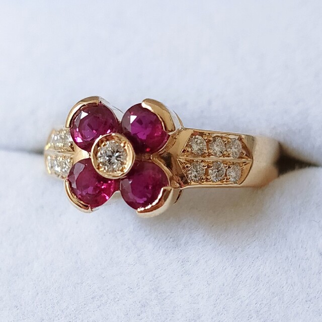 ダイヤモンド×ルビー フラワー リング K18YG 0.93ct 5.2g