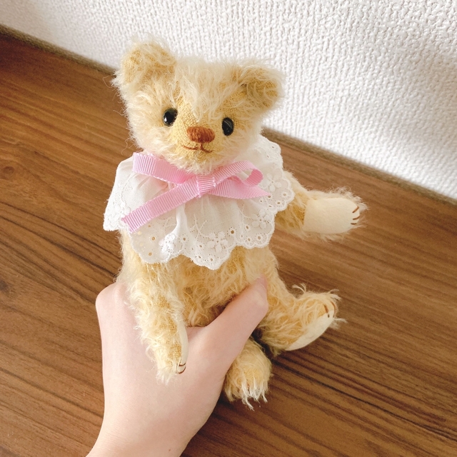 ハンドメイド モヘア テディベア♡イエローベージュxピンク 16cm