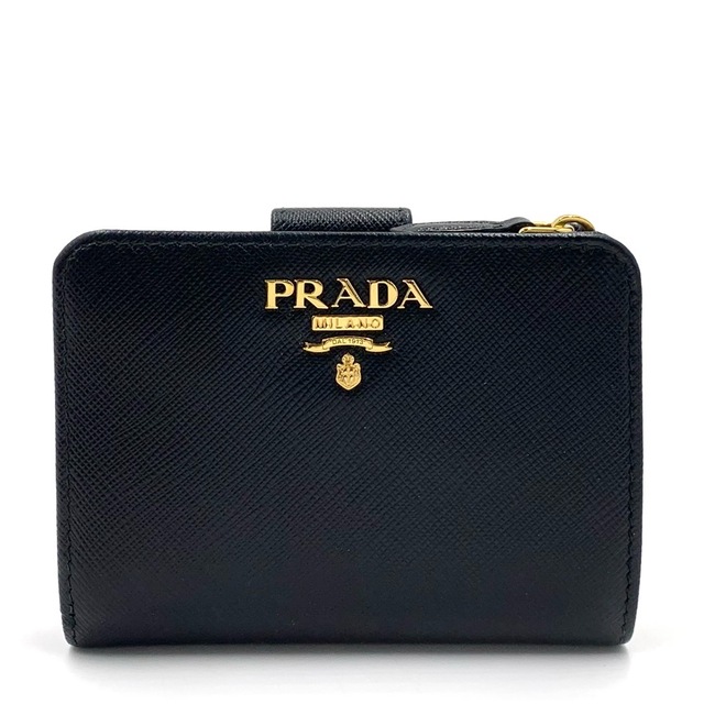 PRADA プラダ 二つ折り財布 NERO ネロ 小さめ コンパクトウォレット L字ファスナー サフィアーノ
 1ML018 ZLP 61H レザー    ブラック 黒 ピンク ゴールド金具 レディース 定番 美品【品】