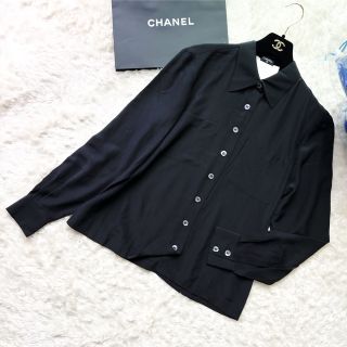 美品 CHANEL シャネル シルク ブラックパール シャツ シェルボタン