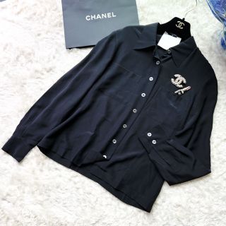 美品　CHANEL シャネル　シルク　ブラックパール　シャツ　シェルボタン