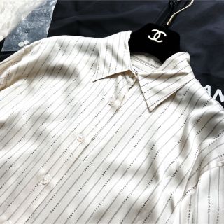 美品 CHANELシャネル ラベンダー シルク カフス付 ブラウス シャツ