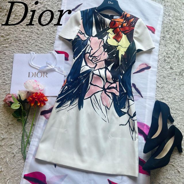 素材シルク【美品】Christian Dior 総柄ワンピース ホワイト 半袖