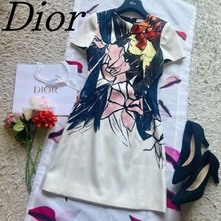 クリスチャンディオール(Christian Dior)の【美品】Christian Dior 総柄ワンピース ホワイト 半袖(ひざ丈ワンピース)