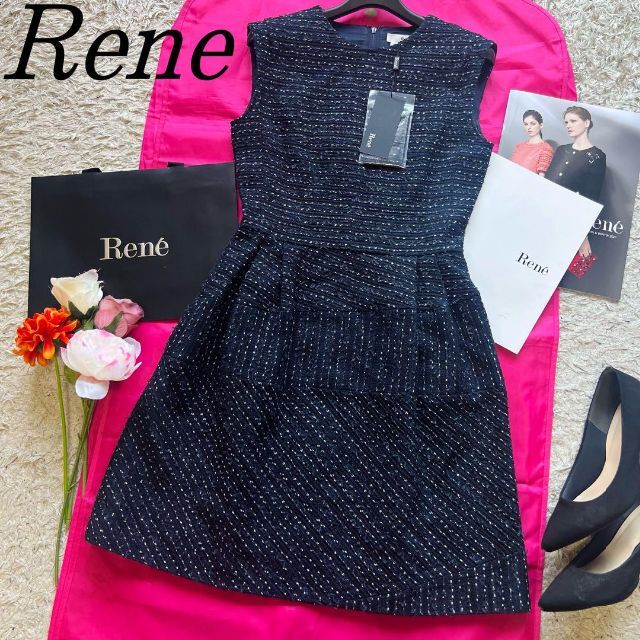 【美品】Rene ツイードワンピース TISSUE ネイビー ノースリーブ 34素材コットンナイロン