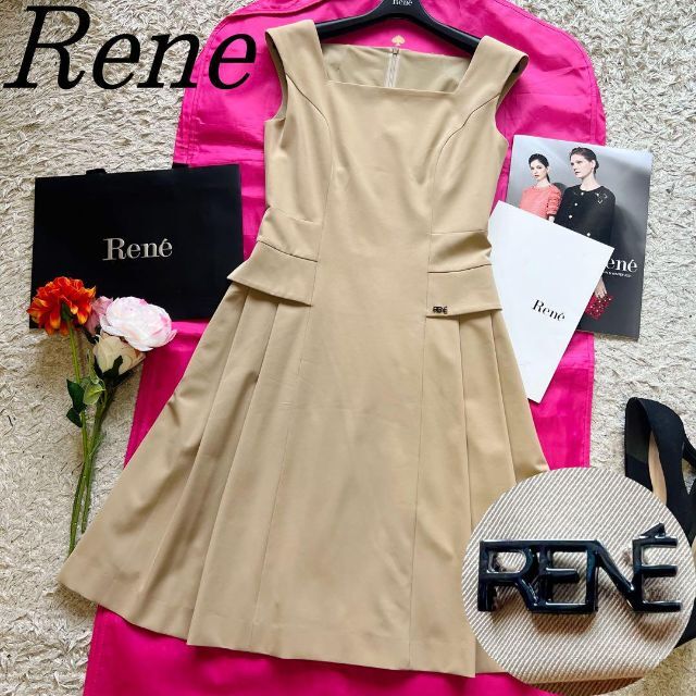 【美品】Rene フレアワンピース ロゴプレート フレア 34 ブラウンベージュ素材ポリエステルポリウレタン