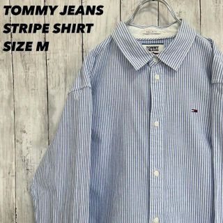 トミージーンズ(TOMMY JEANS)のアメリカ古着TOMMY JEANSトミージーンズ刺繍ロゴストライプシャツM青白.(シャツ)