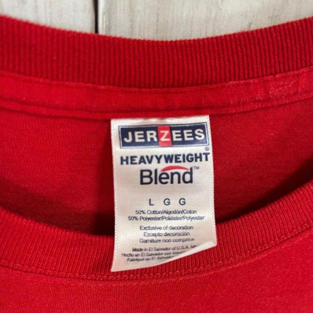 JERZEES(ジャージーズ)のアメリカ古着JERZEES 長袖バックプリントTシャツ　サイズL赤　ユニセックス メンズのトップス(Tシャツ/カットソー(七分/長袖))の商品写真