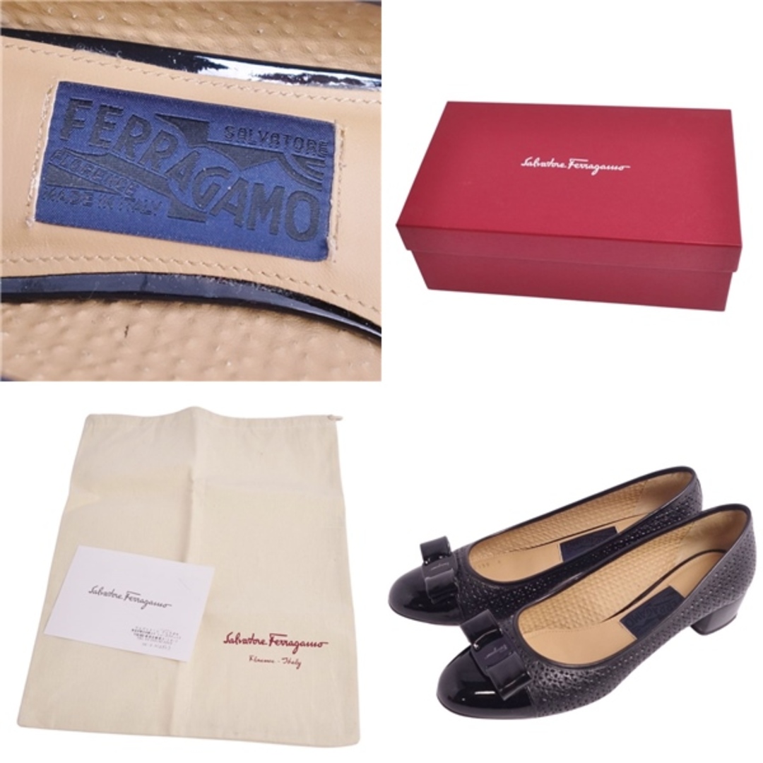 Salvatore Ferragamo(サルヴァトーレフェラガモ)の美品 サルヴァトーレ フェラガモ Salvatore Ferragamo パンプス ヴァラ カーフレザー パテントレザー ヒール シューズ 靴 レディース 8(25.5cm相当) ブラック レディースの靴/シューズ(ハイヒール/パンプス)の商品写真