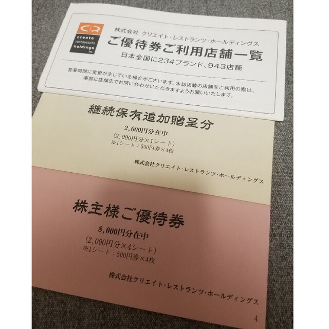 クリエイトレストランツ 株主優待1万円分 - レストラン/食事券