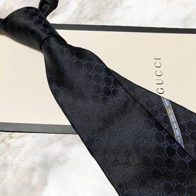 新品未使用】GUCCI グッチ GG柄 シルク100%高級ネクタイ 黒-