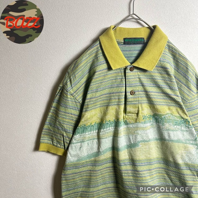ART VINTAGE - ○サマーニットポロシャツ Lサイズ 総柄デザイン ゴルフ