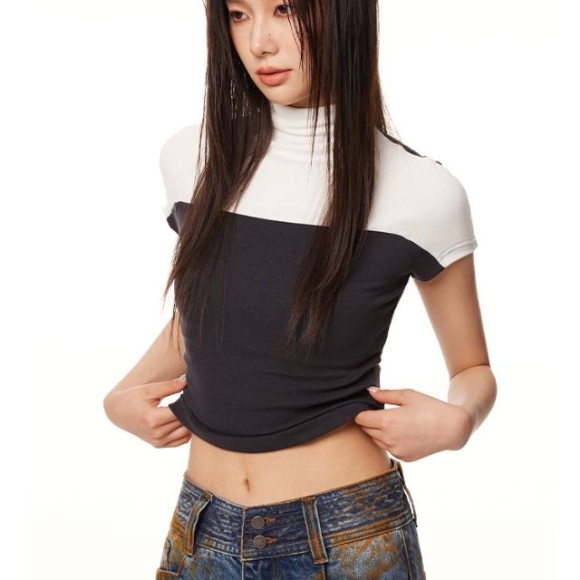 sumiiile モノトーン ハイネック コットンTシャツ ブラック