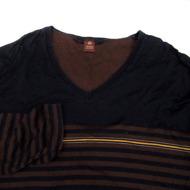 TAKEO KIKUCHI(タケオキクチ)のタケオキクチ Tシャツ カットソー Vネック 長袖 ボーダー柄 4 茶色 紺 メンズのトップス(Tシャツ/カットソー(七分/長袖))の商品写真