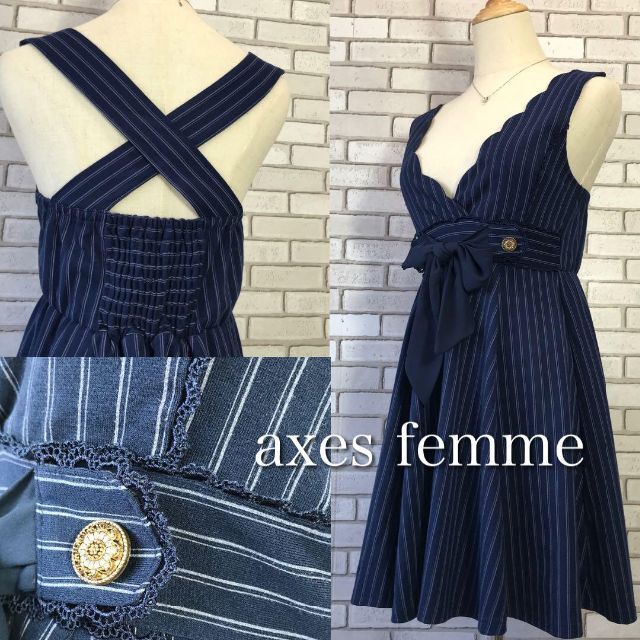 axes femme(アクシーズファム)のアクシーズファム★ジャンスカ　バッククロス　ワンピース　ネイビーストライプ レディースのワンピース(ひざ丈ワンピース)の商品写真