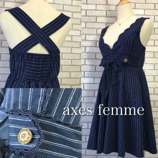 アクシーズファム(axes femme)のアクシーズファム★ジャンスカ　バッククロス　ワンピース　ネイビーストライプ(ひざ丈ワンピース)