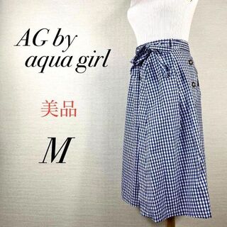 エージーバイアクアガール(AG by aquagirl)の新品タグ付き　アクアガール　リボン付きフレアスカート　ギンガムチェック　春服(ひざ丈スカート)