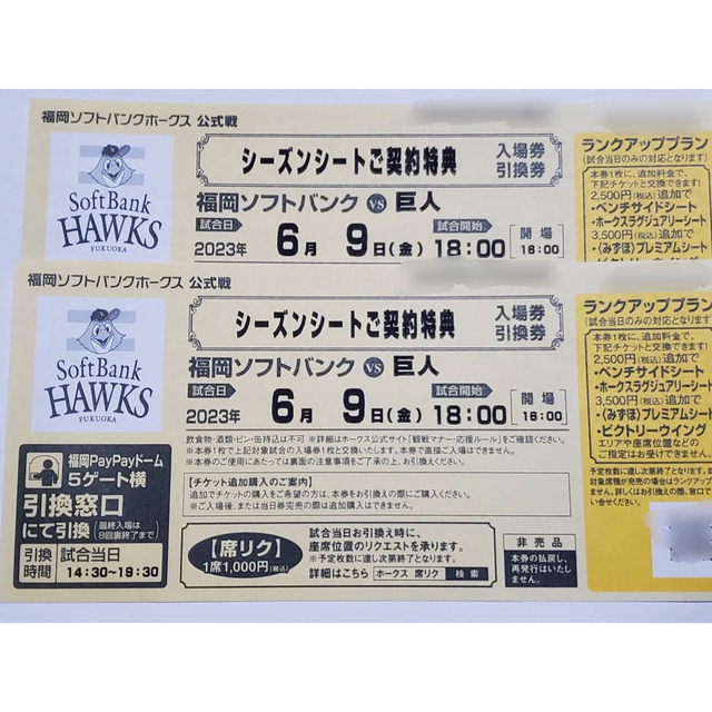6/9(金) ソフトバンクホークスVS巨人 引換券チケット２枚 チケットのスポーツ(野球)の商品写真