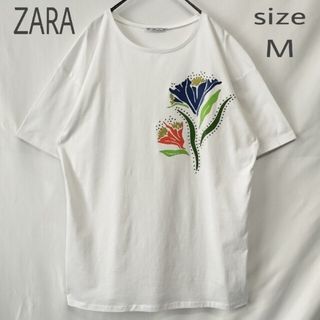 ザラ(ZARA)の【美品！】ZARA  ザラ  花柄 スタッズ  Tシャツ  ボックスシルエット(Tシャツ/カットソー(半袖/袖なし))