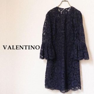 国内正規品】Valentino ネイビー 総 レース 七分袖 ワンピース