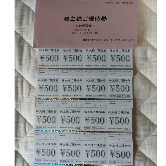 【匿名配送】クリエイトレストランツ　株主優待　8000円