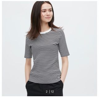 ユニクロ(UNIQLO)のUNIQLO リブボーダークルーネックT  5分袖(Tシャツ(半袖/袖なし))