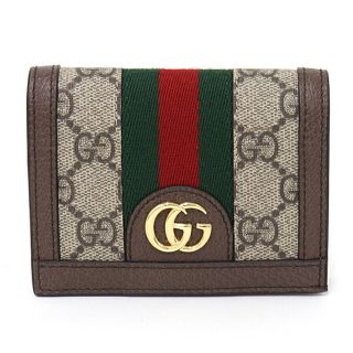 グッチ(Gucci)のGUCCI グッチ オフィディア GG カードケース コイン＆紙幣入れ付き ミニ財布 コンパクトウォレット 二つ折り財布 GGスプリーム キャンバス レザー 523155 ベージュ ブラウン レッド グリーン ゴールド金具 【中古】Sランク 新品同様(財布)