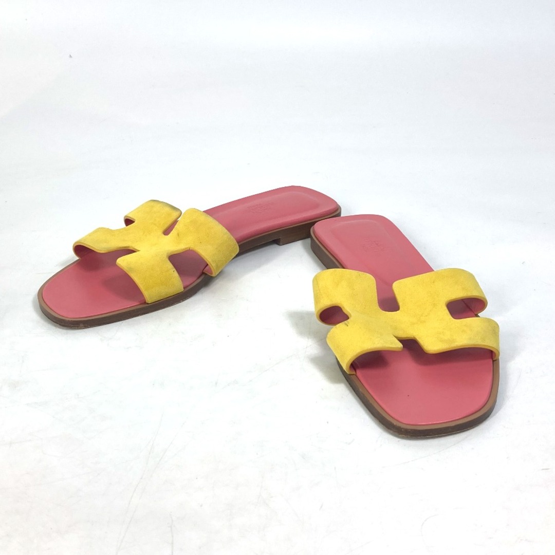 エルメス HERMES オラン ロゴ フラット ペタンコ 靴 バイカラー サンダル レザー ピンク