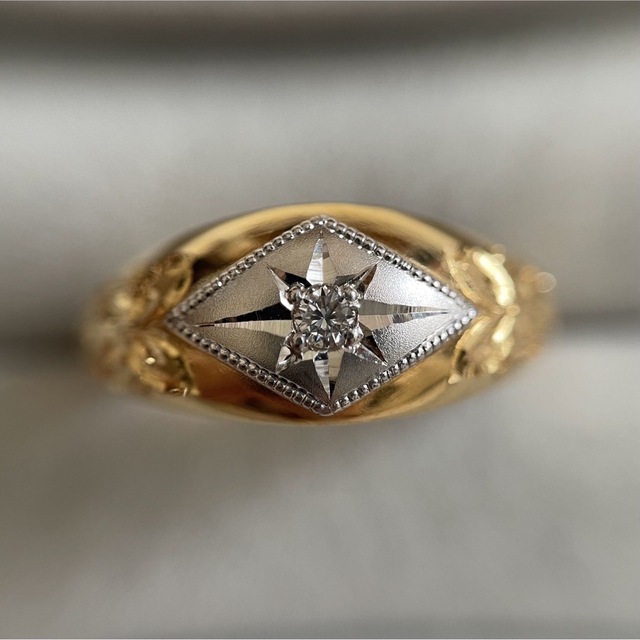 K18 Pt900 ダイヤモンド 昭和ヴィンテージ 月形甲丸 彫り リング 指輪
