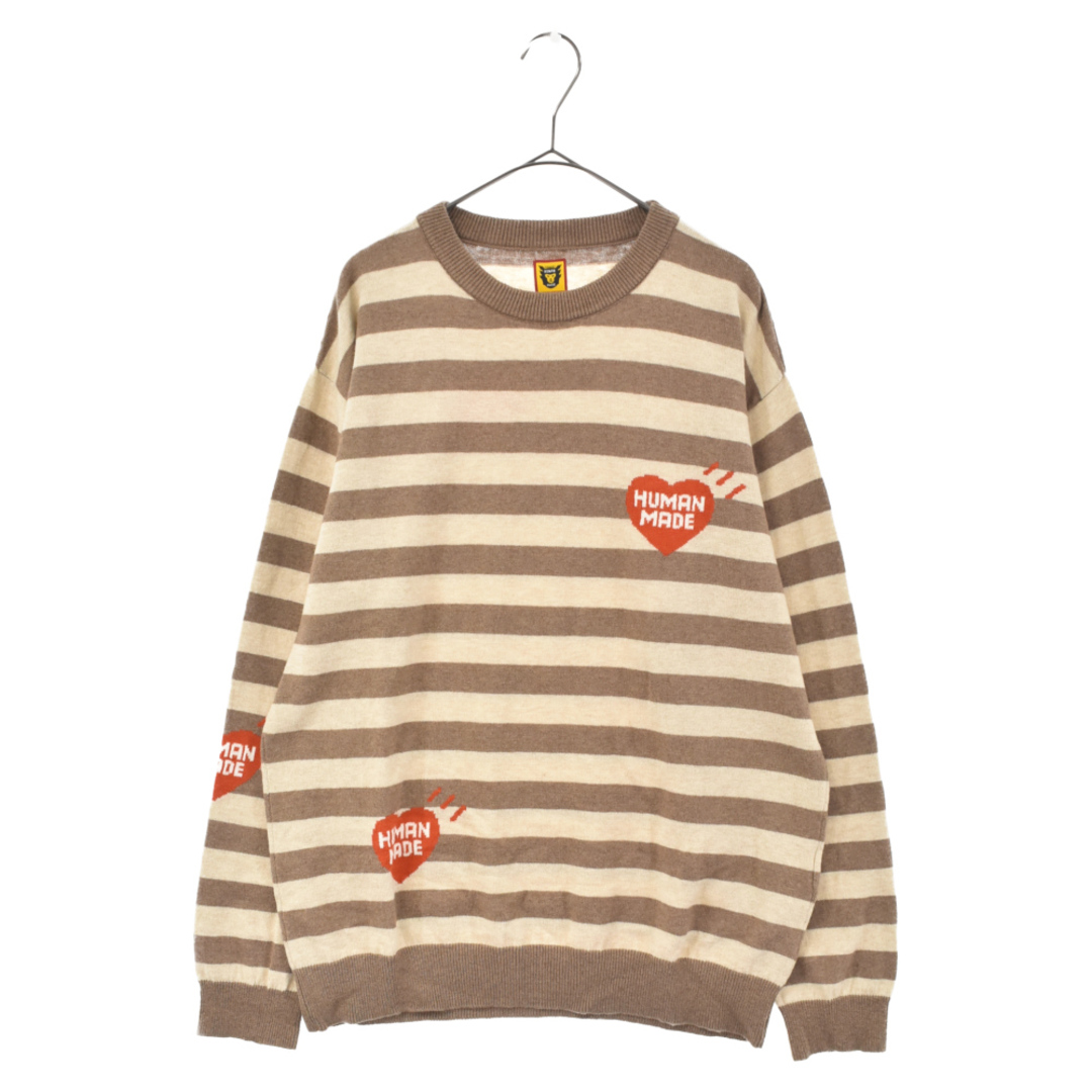 HUMAN MADE ヒューマンメイド 22AW STRIPED L/S KNIT SWEATER HM24CS033 ハートストライプ  クルーネックニットプルオーバー ロゴプリントボーダー長袖セーター ナチュラル/ブラウン | フリマアプリ ラクマ