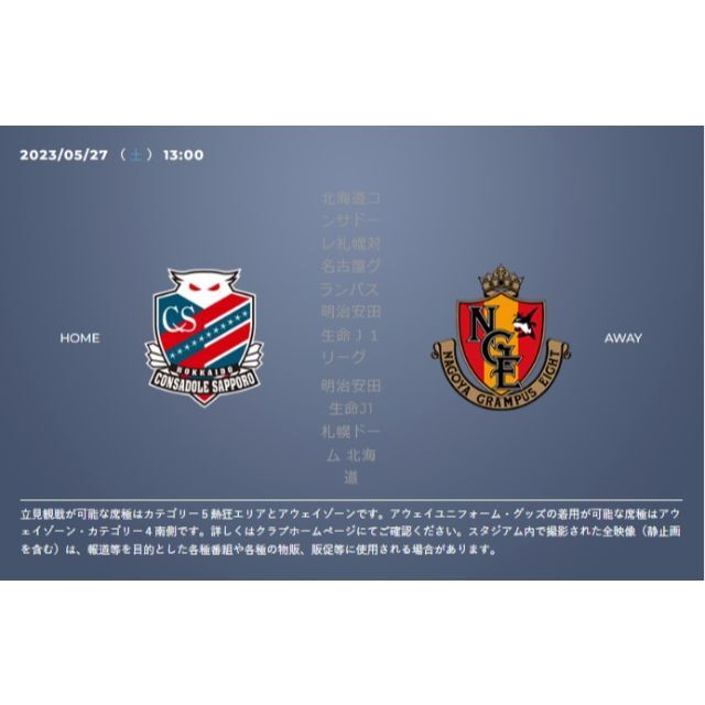 北海道コンサドーレ札幌VS名古屋グランパス サッカー 札幌ドーム チケット1枚 チケットのスポーツ(サッカー)の商品写真