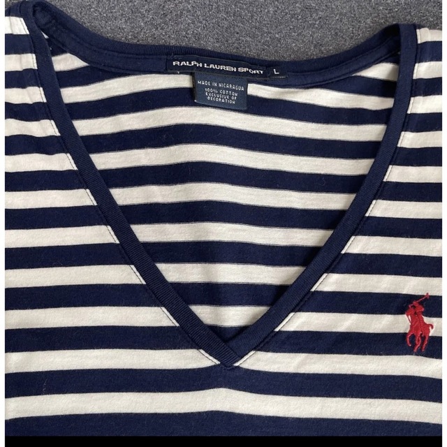 POLO RALPH LAUREN(ポロラルフローレン)のラルフローレンスポーツ ポイントロゴ入り ボーダー ＶネックＴシャツ Lサイズ レディースのトップス(Tシャツ(半袖/袖なし))の商品写真