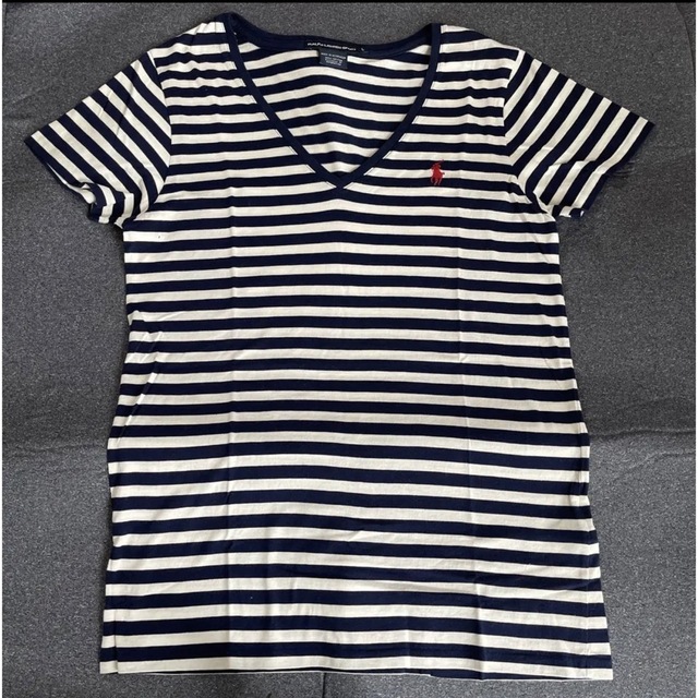 POLO RALPH LAUREN(ポロラルフローレン)のラルフローレンスポーツ ポイントロゴ入り ボーダー ＶネックＴシャツ Lサイズ レディースのトップス(Tシャツ(半袖/袖なし))の商品写真