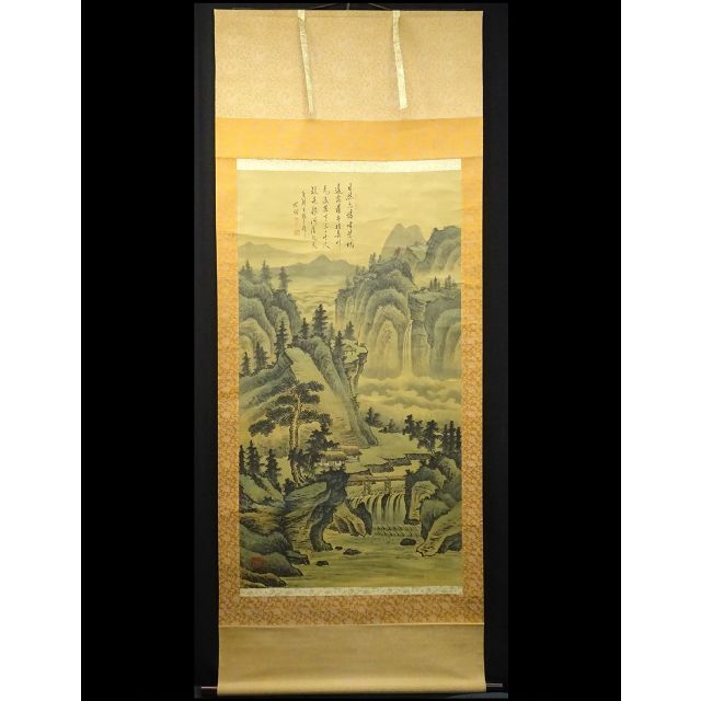 大幅掛軸 陳世向『李白 望盧山瀑布』中国画 絹本 箱付 掛け軸 a03253