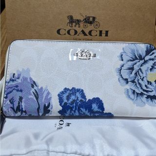 コーチ(COACH)のアウトレットコーチ　長財布　白系シグネチャー　青い大きな花柄模様(財布)